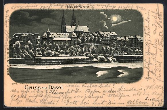 Cartoline postali: Mondschein-Lithographie Basel, Pfalz mit – Usato da Berlin venduto da bartko-reher