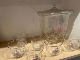 Glas Bowle mit Löffel, Deckel, Gläser  / Bowlenschüssel