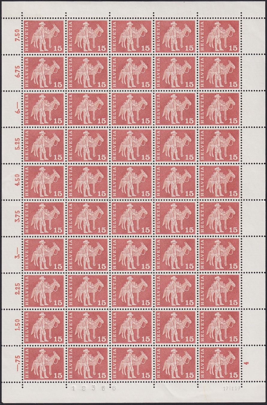 Tutti i francobolli: 1960, Nr.357 Bogen (Säumer mit Maultier) postfrisch **. – Usato da Sursee venduto da Luzernerraute