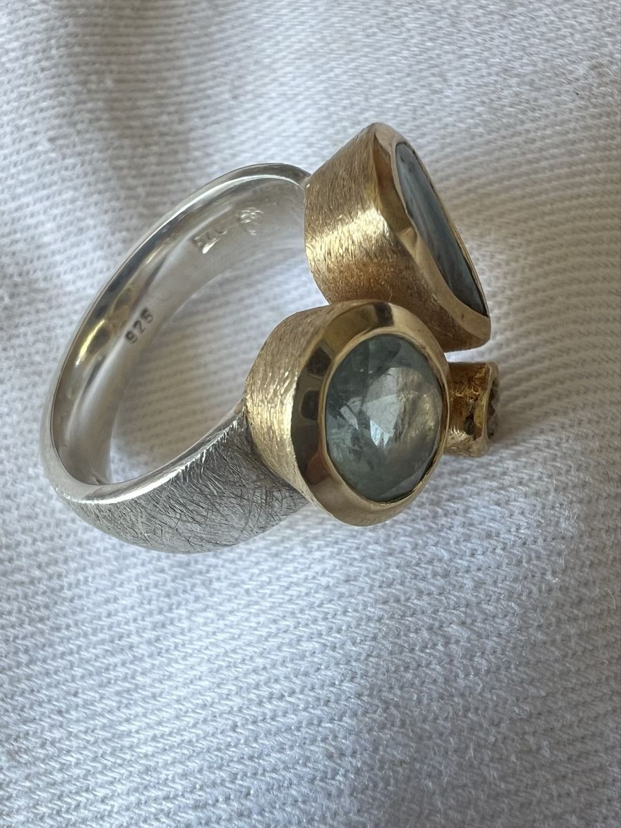 Anelli: 925 Silberring mit Aquamarin, Opal & Diamant | Handarbeit – Usato da Bolligen venduto da Solina12 1