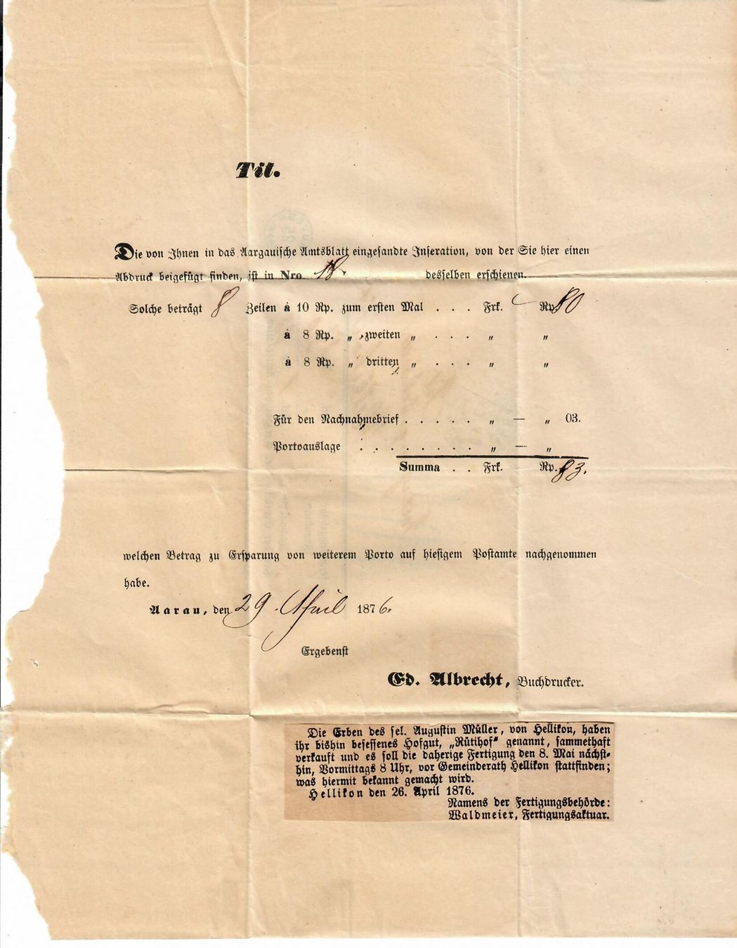 Tous les timbres: Faltbrief, Aarau - Hellikon 1876 – D'occasion à Hochdorf par Ziegel-16 1