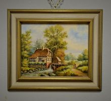 Holländisches Vintage-Ölgemälde Wassermühle, signiert