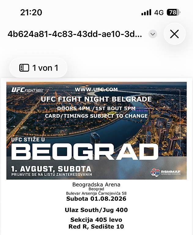 Tickets: UFC Belgrade Tickets – Gebraucht aus Zürich von jov_jg9g 2