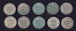 Lot de 10 pièces de 0,50 Franc en argent (24 gr.)
