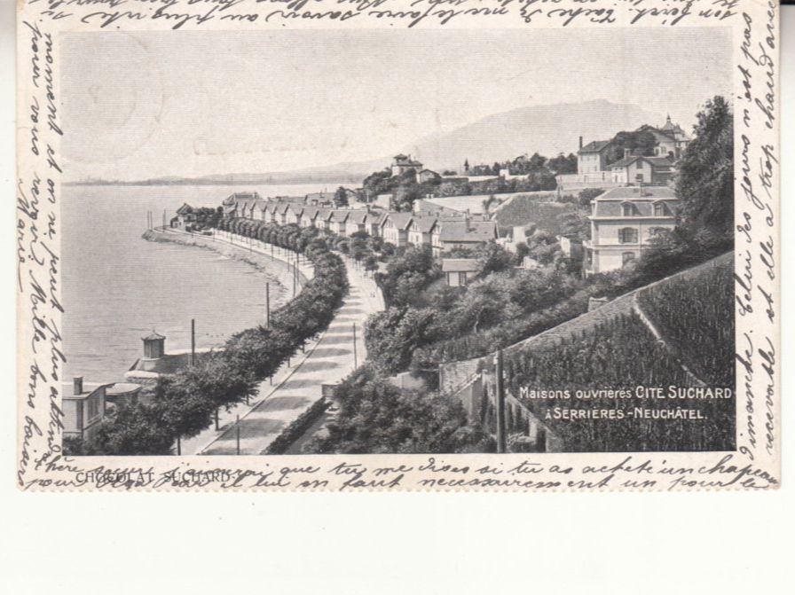 Cartoline postali: Neuchâtel Serrières Cité Suchard 1907, Stabstempel Châbles – Usato da Bürglen TG venduto da StampGraf