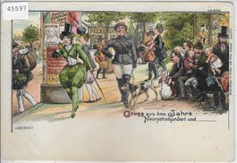 Gruss aus dem Jahre Neunzehnhundert und.... Humor - Litho