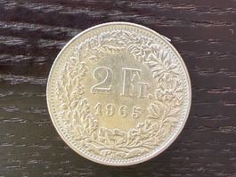1 x 2 Franken Schweiz 1965 – sehr schöner Stempelglanz