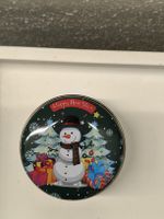Weihnachts Blechdose rund mit Schneemann Motiv goldfarben