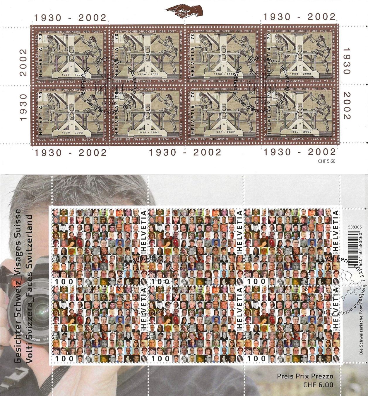 Alle Briefmarken: 2 Kleinbogen Ersttag 2002 und 2013 – Gebraucht aus Zürich von Philacat11
