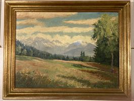Theodor Pfister Landschaftsgemälde mit Wiese, Wald und Berge