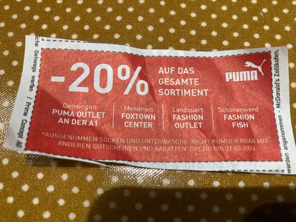 Puma Gutschein 20% (Neu und originalverpackt) in BÃ¼lach fÃ¼r CHF 2 â mit Lieferung auf Ricardo kaufen