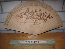 Holz Fächer mit Pferde Motiv - Vintage Deko