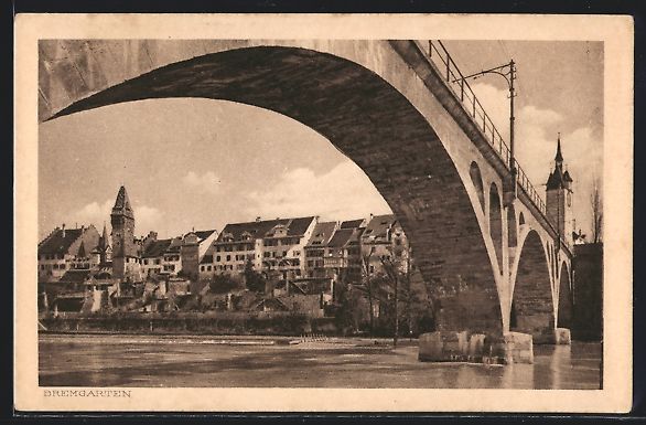 Cartoline postali: AK Bremgarten, Uferpartie mit Brücke – Usato da Berlin venduto da bartko-reher
