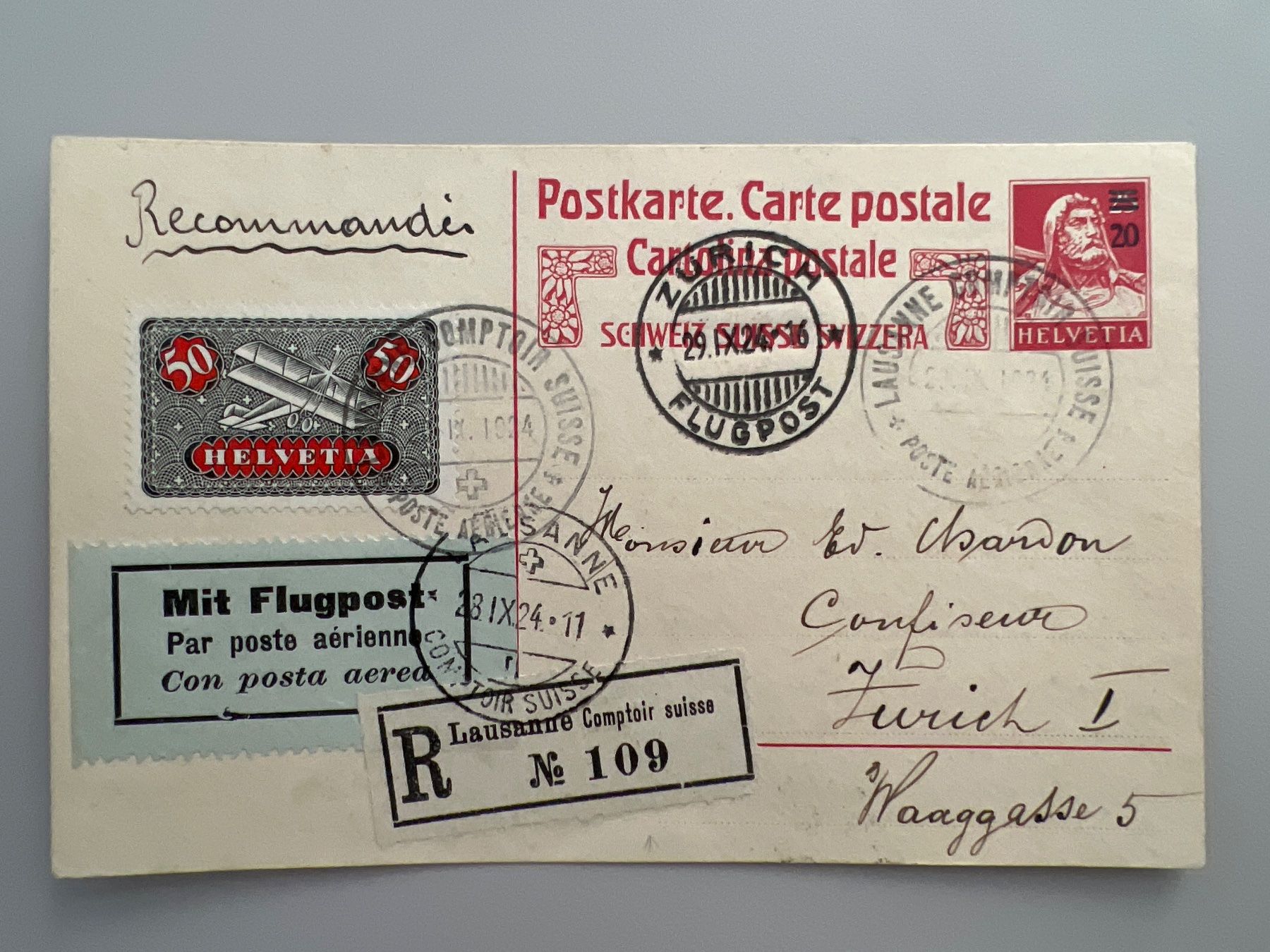 Tutti i francobolli: Postkarte Flugpost Comptair Lausanne 1924 CS5 – Usato da Buchrain venduto da wmm