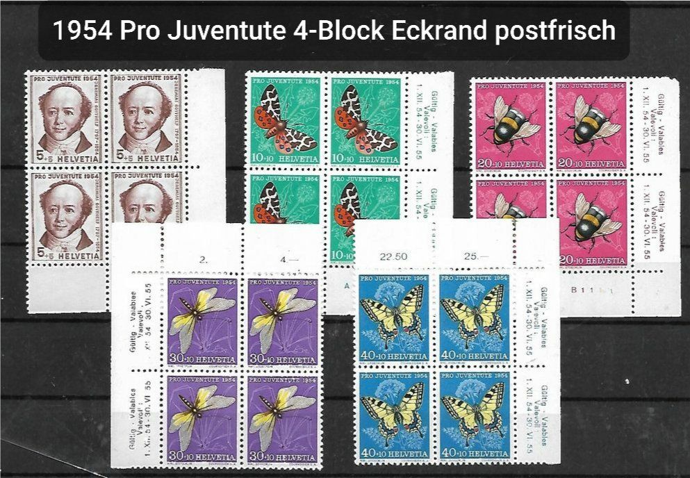 Alle Briefmarken: 1954, Pro Juventute im 4-Block Eckrand postfrisch Kt. 40 -+ – Neu (gemäss Beschreibung) aus Baden von Eggi