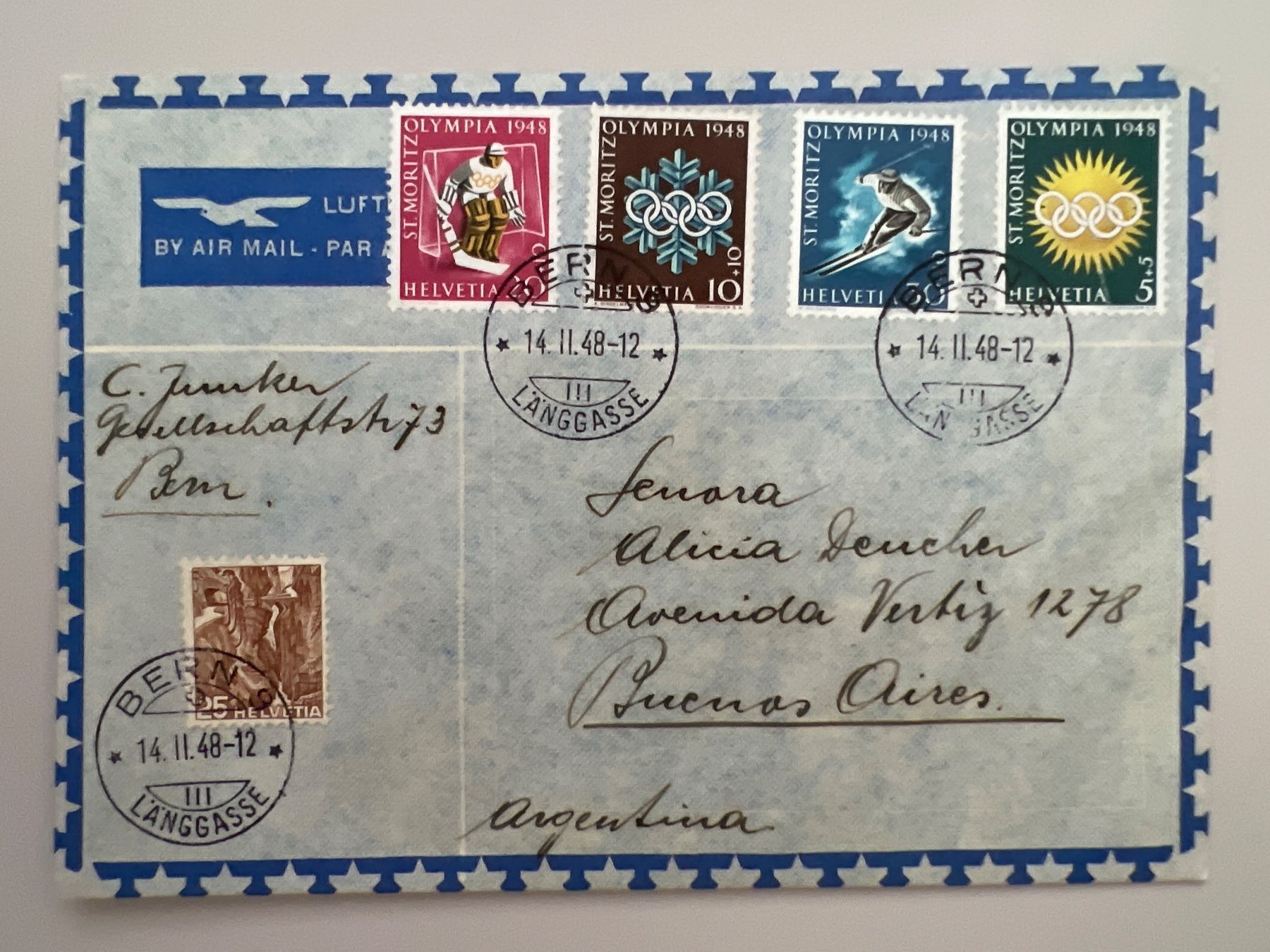 Tutti i francobolli: 1948 Winter Olyp. St.MoritzLuftp.Bf. nach Argentinien – Usato da Buchrain venduto da wmm