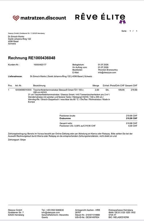 Materassi: 2. Taschenfederkernmatratze Sleezzz Smart – Usato da Basel venduto da msi_mj6d 2