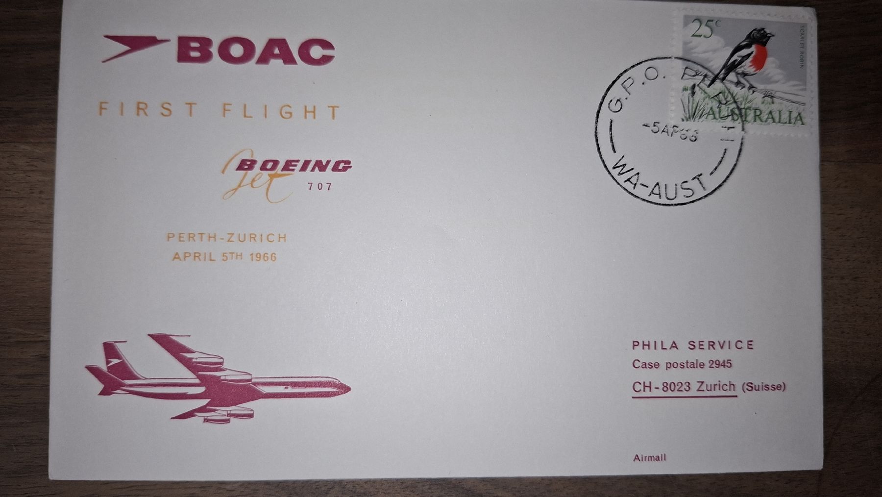 Tutti i francobolli: Boac Perth - Zürich 05.04.1966 – Usato da Balgach venduto da SIMEON27