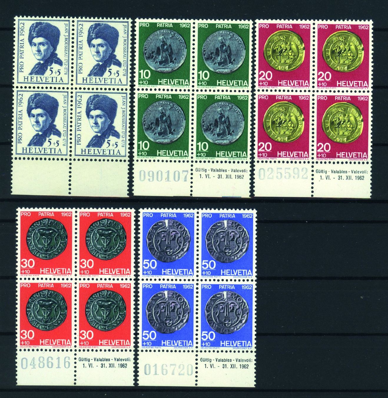 Alle Briefmarken: 1962, Pro Patria, B108–B112, Viererblock, ** – Gebraucht aus Willisau von Vollstempel