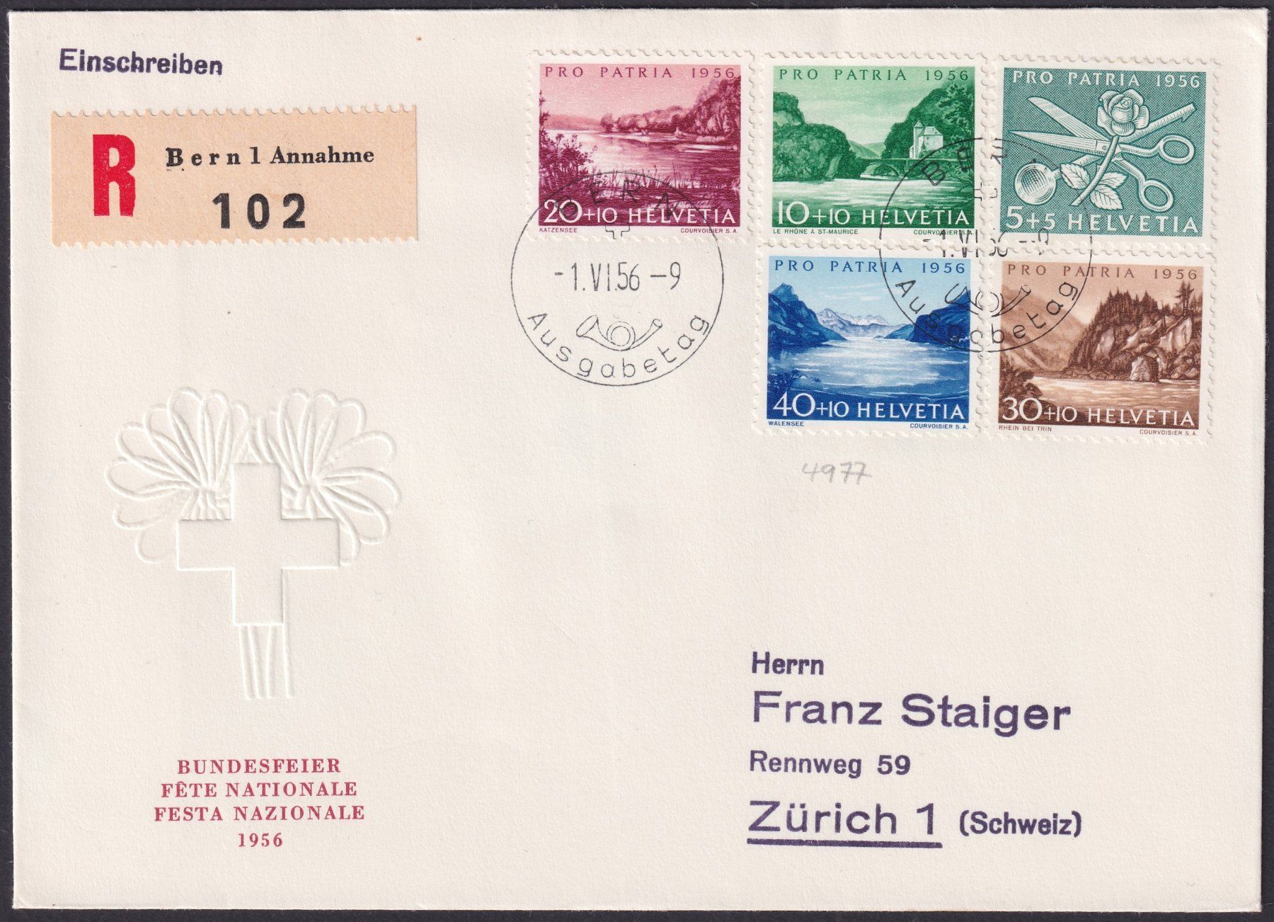 Tutti i francobolli: 1956, B76-B80 Pro Patria FDC mit ET-Stempel, Kat: 75.- – Usato da Sursee venduto da Luzernerraute