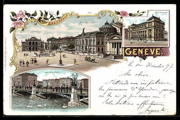 Cartoline postali: Lithographie Genève, Place Neuve, 1897 – Usato da Berlin venduto da bartko-reher