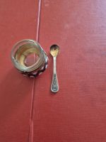 Salière russe vintage avec cuillère, décor émaillé!