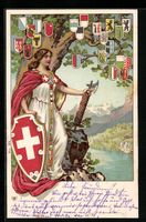 Litho Schweiz, Helvetia vor Baum mit Wap