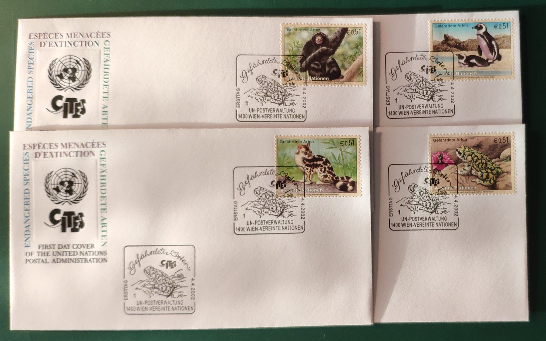 Alle Briefmarken: 2002 UNO Wien 4 FDC Gefährdete Tierarten – Gebraucht aus Volketswil von Spacepanda