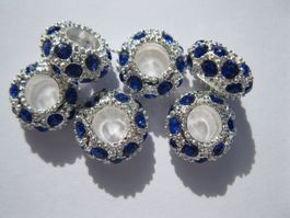 2 Grosslochperlen, Beads versilbert mit Strass, blau