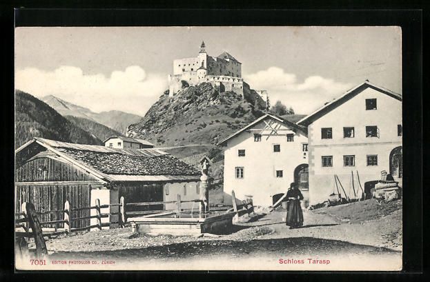 Cartoline postali: AK Tarasp, Ortspartie mit Schloss Tarasp – Usato da Berlin venduto da bartko-reher