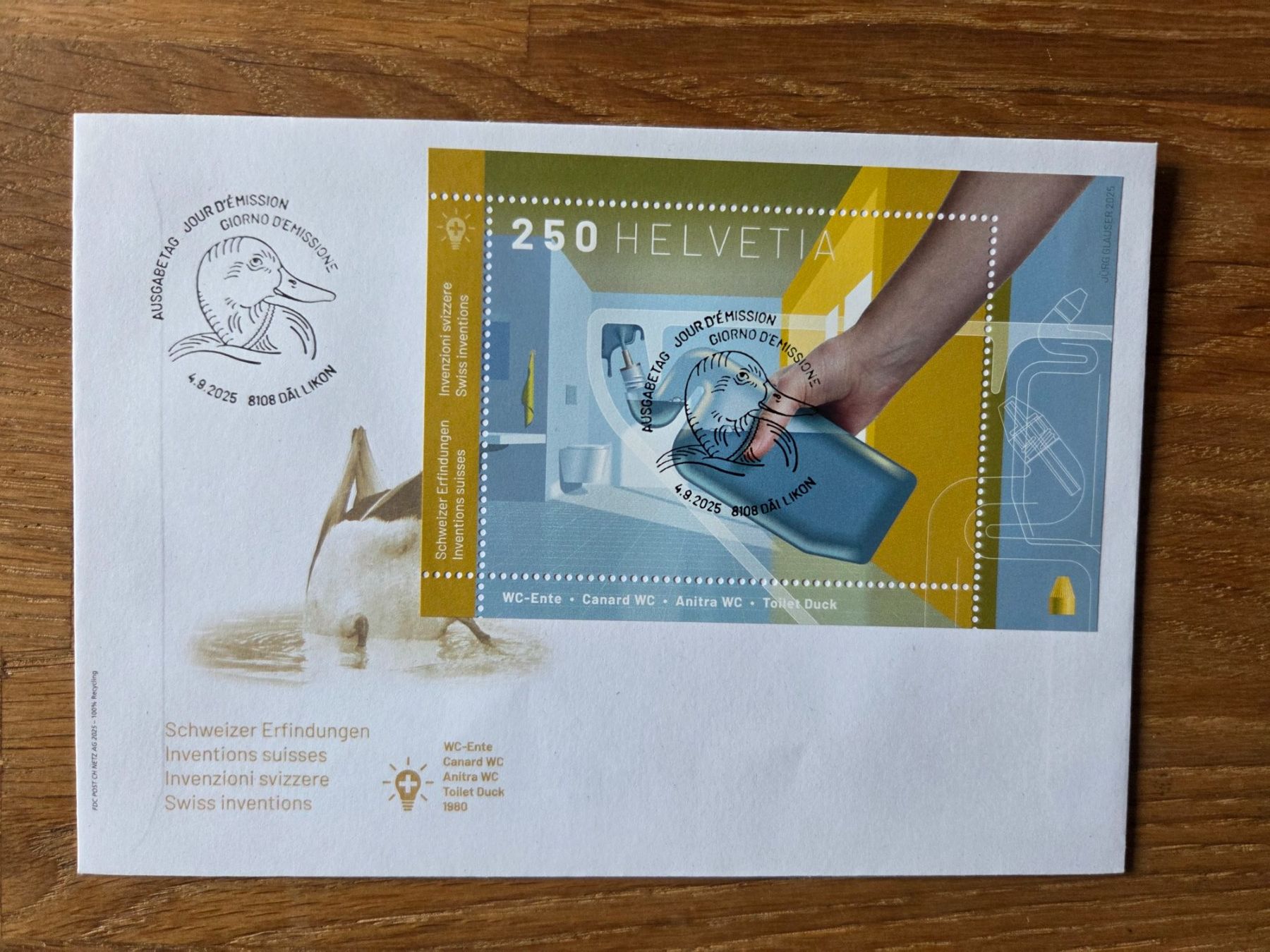 Tutti i francobolli: FDC Sonderblock WC-Ente mit Vollersttag – Usato da Rickenbach SO venduto da Bytebull
