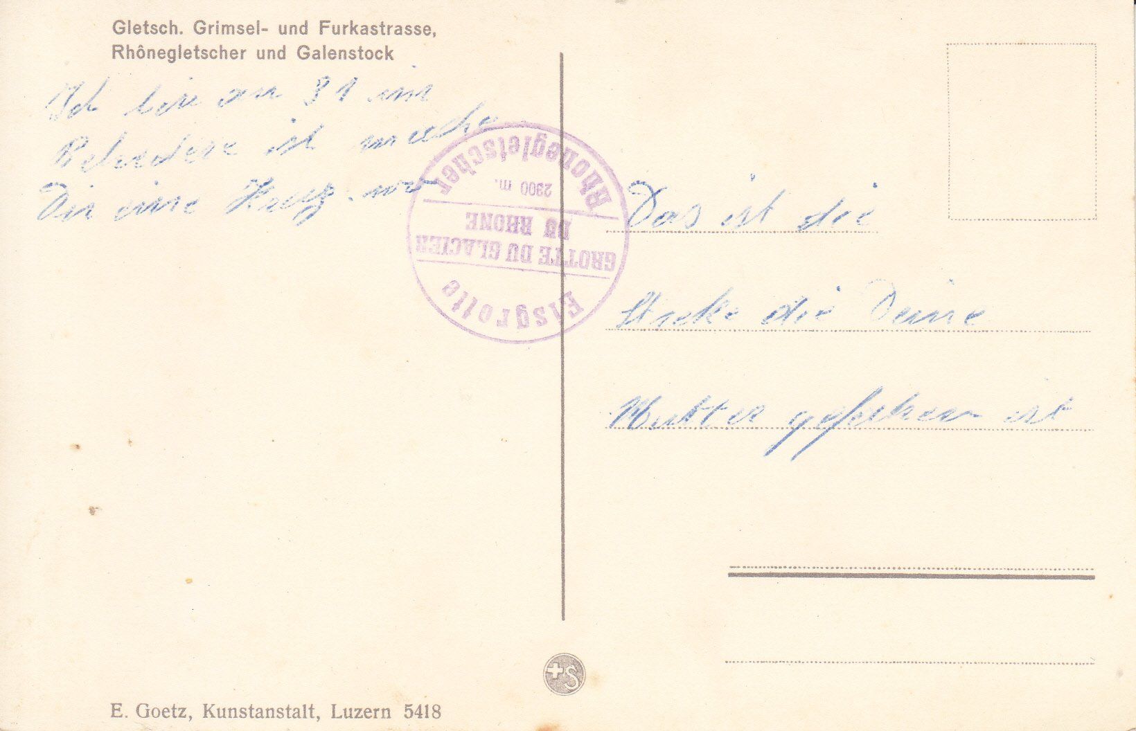 Cartoline postali: Gletsch ca. 1920 – Usato da Bürglen TG venduto da StampGraf 1