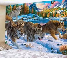 Wandbehang Wolf Wolfsrudel im Fluss 150cmx 100cm