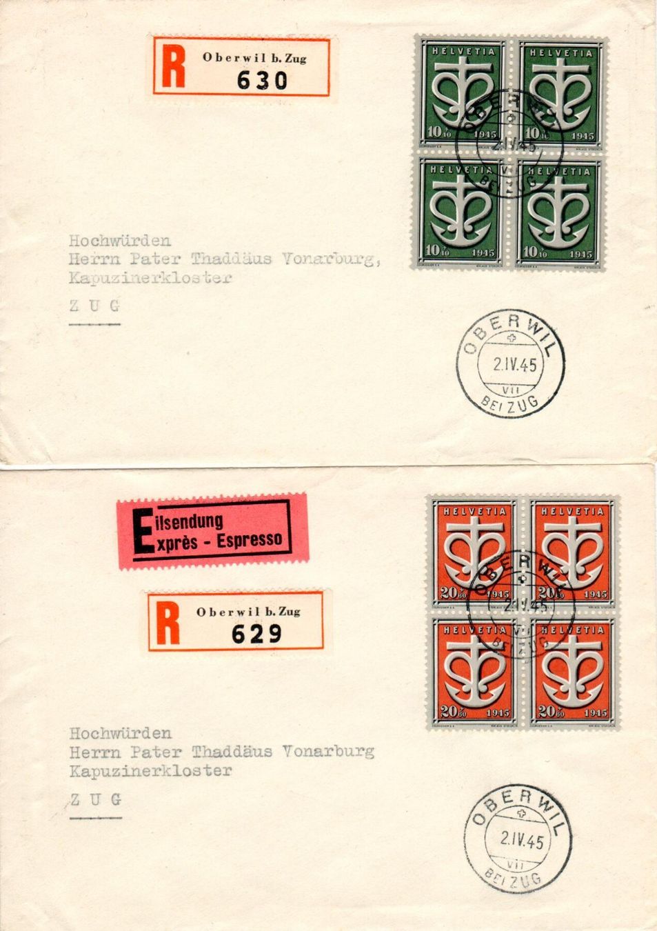 Tutti i francobolli: 2 R - Briefe Oberwil bei Zug 1945 – Usato da Wolhusen venduto da Curver9