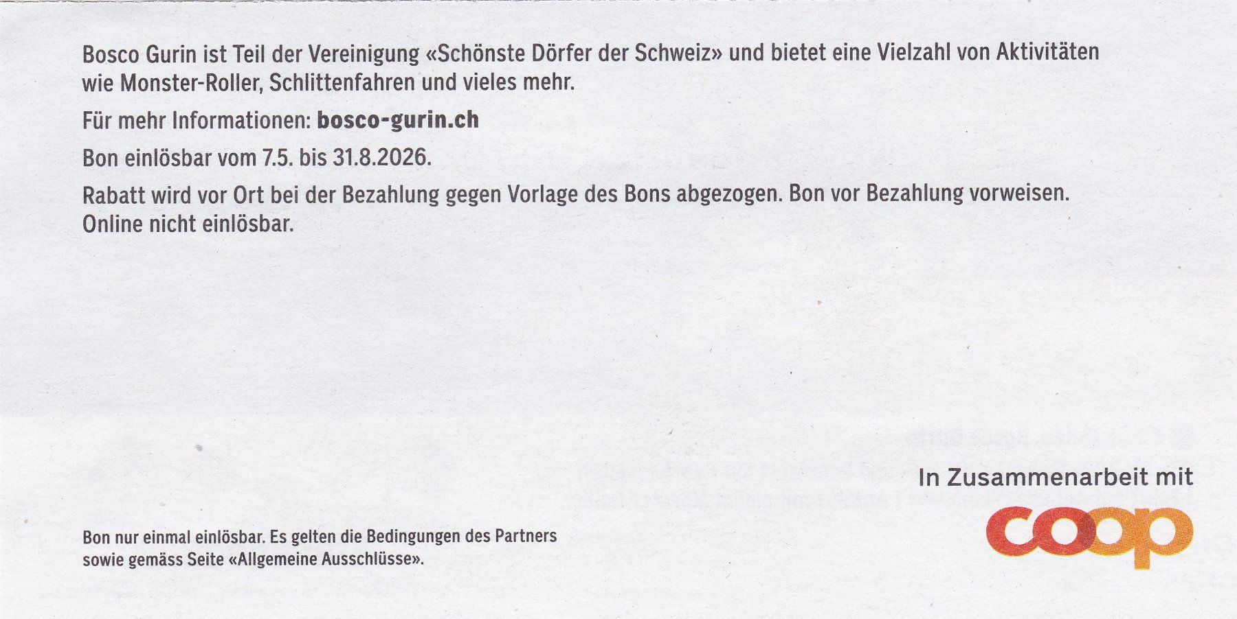 Gutscheine: Bon 30% Rabatt Bergbahnen Bosco Gurin – Neu (gemäss Beschreibung) aus Schliern b. Köniz von joni20 1