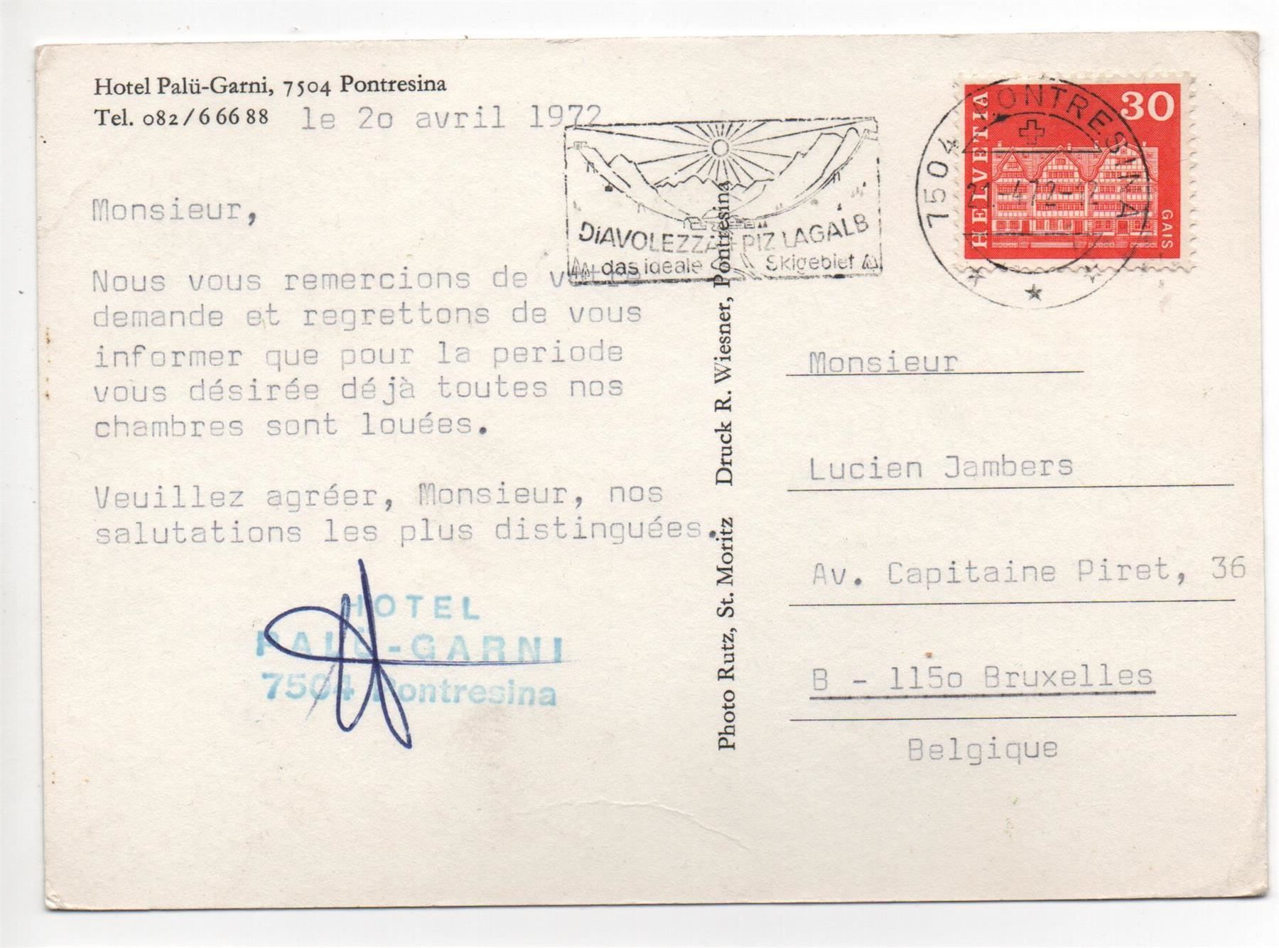 Cartes postales: PONTRESINA Hotel Palü-Garni – D'occasion à Jona par philajona 1
