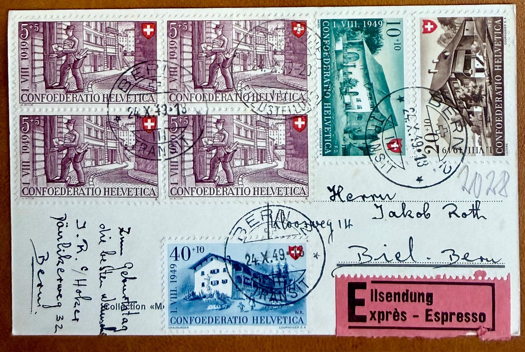 Alle Briefmarken: Recommandé  Exprès - 1949 - Bloc de 4 - 1.8.49  Bern - 1949 – Gebraucht aus Lutry von Ediego