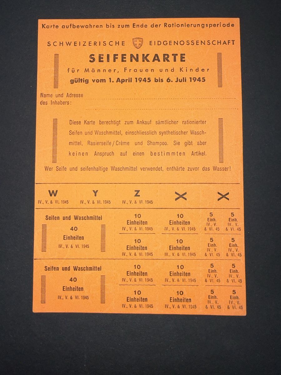 Altre raccolte & rarità: Rationierungskarte Seife 1945 – Usato da Grenchen venduto da Bastet007