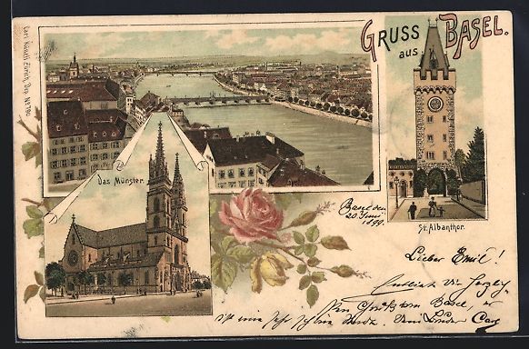 Cartoline postali: Litho Basel, Teilansicht, Münster, St.  – Usato da Berlin venduto da bartko-reher
