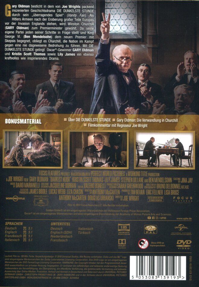 Tutti i DVDs: Die Dunkelste Stunde (2017) Joe Wright/Gary Oldman - DVD/NEU – Nuovo e nell'imballaggio originale da Volketswil venduto da cinephilia 1