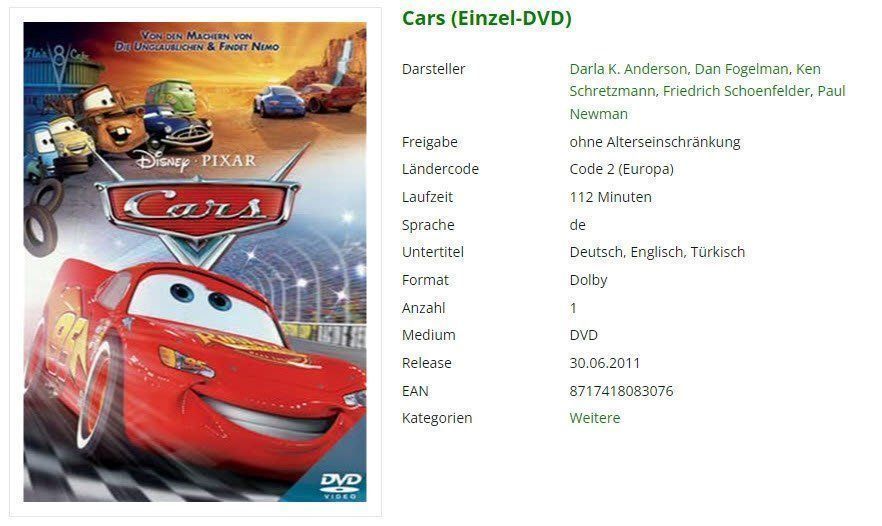 Tutti i DVDs: Cars (DVD) – Usato da Emmetten venduto da SVollenweider