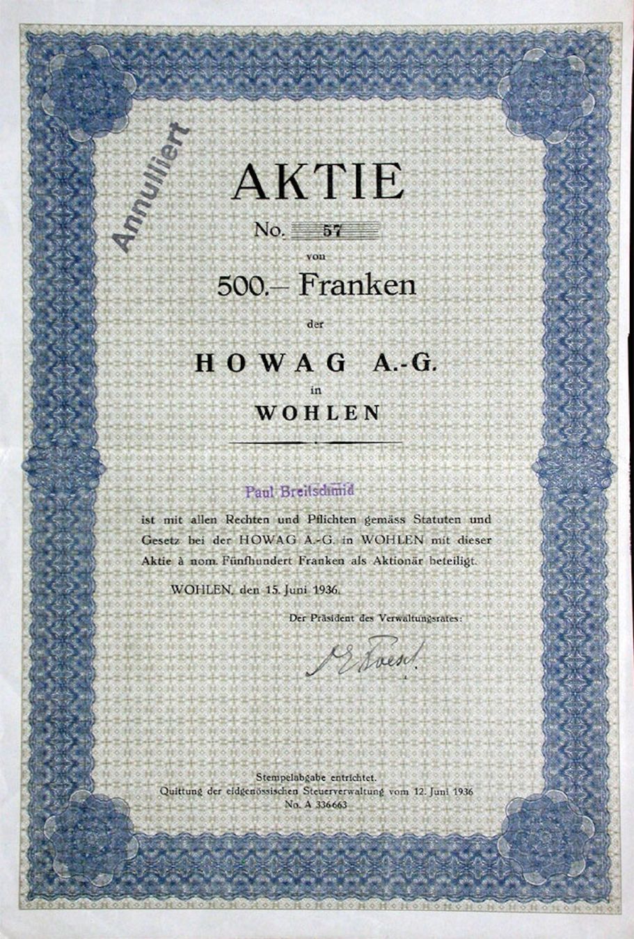 Documenti: Howag AG Wohlen, Wohlen - 1936 – Usato da Solothurn venduto da Sgasche