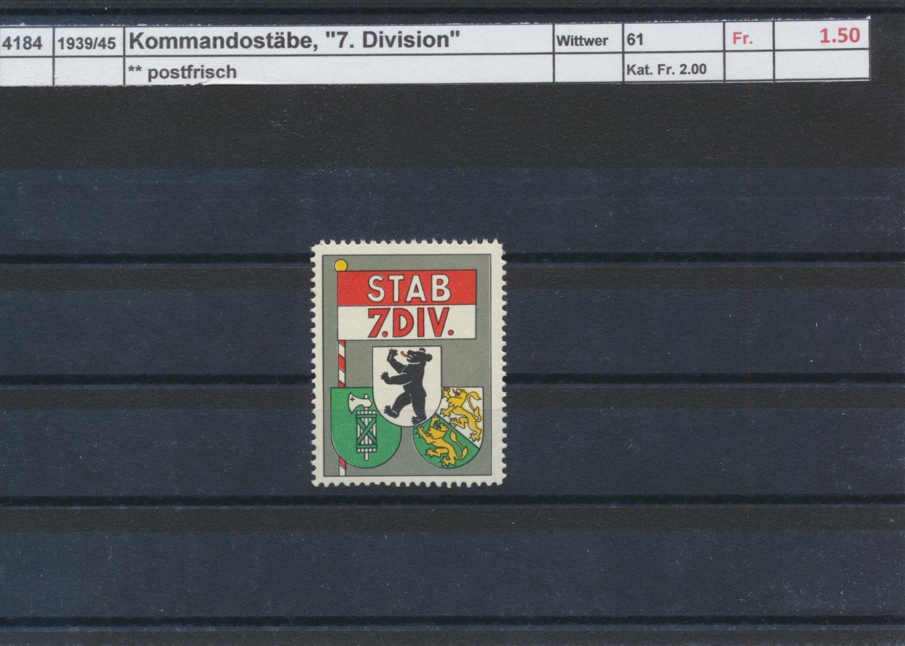 Alle Briefmarken: 1939/45 Kommandostäbe, "7. Division", ** postfrisch – Neu (gemäss Beschreibung) aus Winterthur von Zupogeru