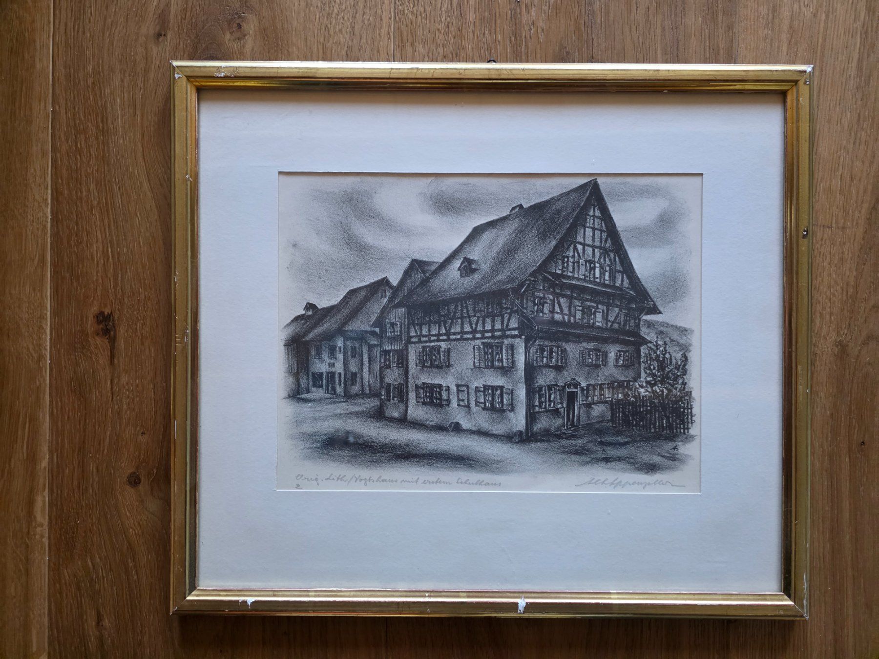 Grafica & Litografie: Litho Vogtshaus mit Schulhaus Goldrahmen – Usato da Walterswil BE venduto da Lonitti 1
