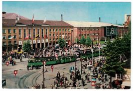 Basel, Schweizer Mustermesse, belebt, Trams, gel. 1958