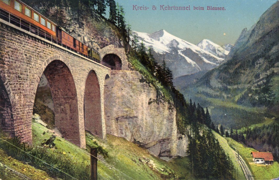 Cartoline postali: Blausee   BE  -  Brig-Lötschberg-Simplon-BAHN b. Kehrtunnel – Usato da Brig venduto da Valcards54