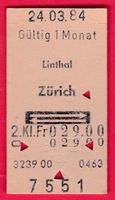 KARTON BILLETT, LINTHAL - ZÜRICH, 2.KLASSE, RETOUR
