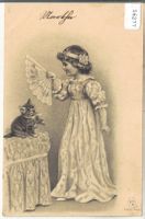 Katze mit Mädchen - Präge-Litho