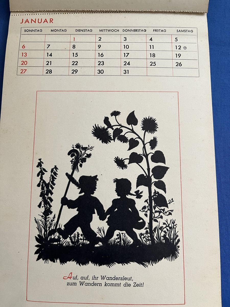 Grafiken & Lithographien: Wandkalender 1952 mit Scherenschnitten von C. Naumann – Gebraucht aus Romanshorn von Apfelschuss 1