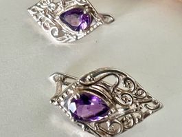 Silber Ohrstecker Spinell violett Handarbeit Dekor filigran